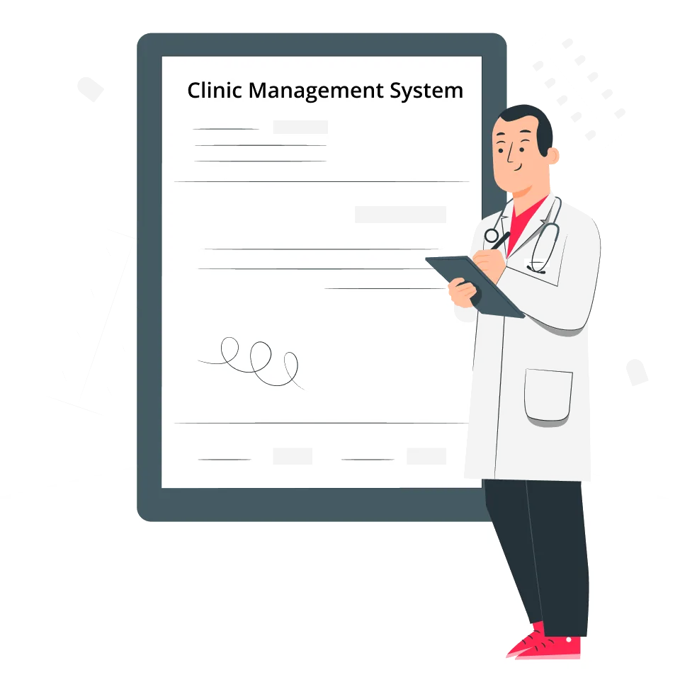A doctor beside a clinic management board, drawn