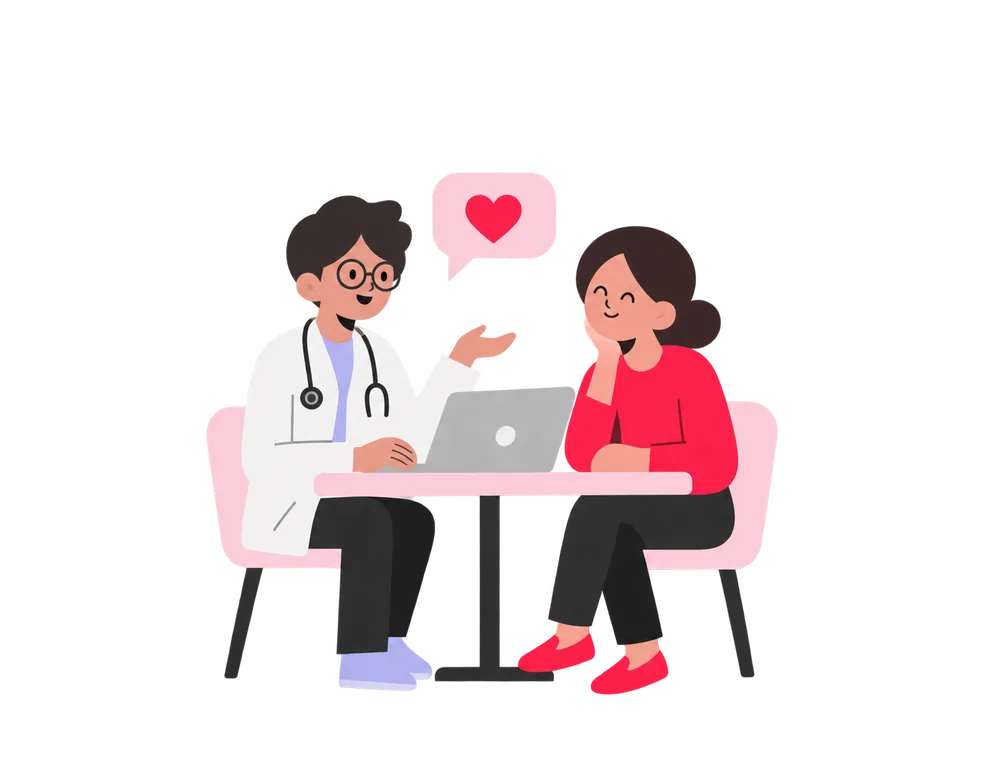 A doctor and a clinic manager talking over a laptop, drawn