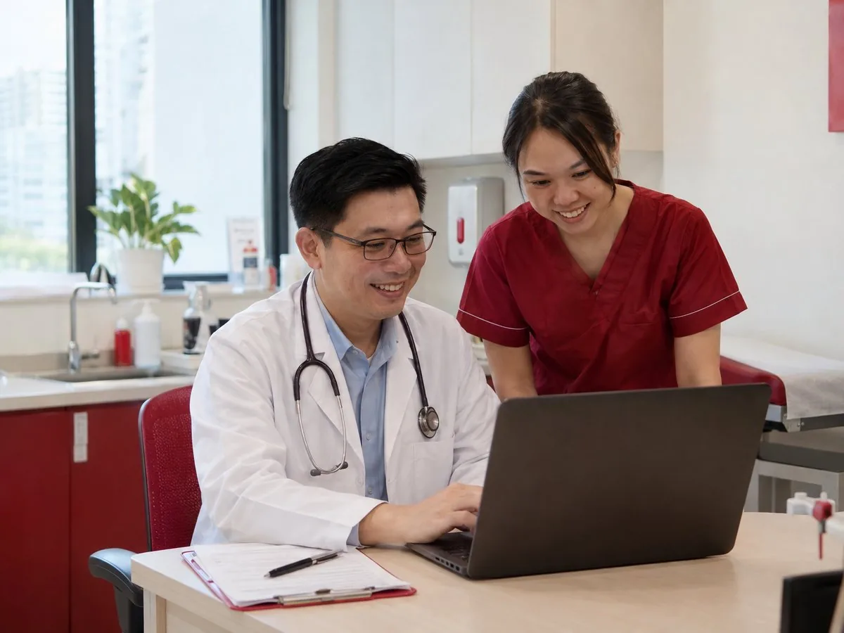A doctor and a nurse looking at a laptop together in a clinic room