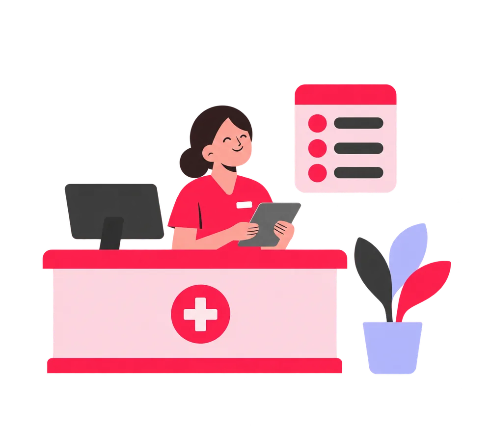 A clinic front desk with a receptionist holding a tablet, drawn