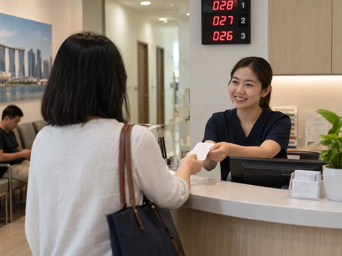 Front-desk staff handing a receipt to a patient at a clinic counter