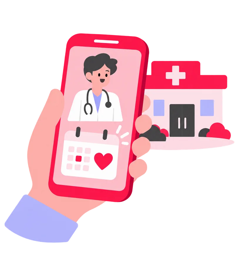 A hand holding a phone showing a reminder and a heart, drawn