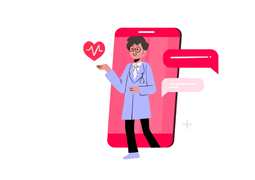 A doctor waving from a phone screen, drawn